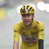 Tadej Pogacar avait du mal à masquer une certaine lassitude dimanche soir KEYSTONE/AP/Thibault Camus