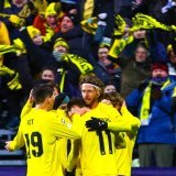 La joie des joueurs de Bodö/Glimt, qui ont créé l'exploit face à Manchester City KEYSTONE/EPA/Mats Torbergsen