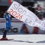 Une banderole "Sion2026" lors de la campagne en 2018 en faveur des JO en Valais.