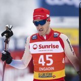 Candide Pralong of Switzerland reacts in the finish area during the men?s 20km mass start free style cross country skiing world cup, on Sunday, January 26, 2025, in Silvaplana, Switzerland. (KEYSTONE/Gian Ehrenzeller)