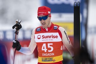 Candide Pralong of Switzerland reacts in the finish area during the men?s 20km mass start free style cross country skiing world cup, on Sunday, January 26, 2025, in Silvaplana, Switzerland. (KEYSTONE/Gian Ehrenzeller)